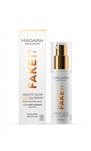 Sérum visage Autobronzant BIO - FAKE IT Healthy Glow - Acide hyaluronique Framboise Karité -MÁDARA - 30 ml.