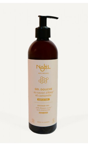 Savon d'Alep liquide BIO à l'eau florale de Camomille - Arôme Miel - Najel - 200 ml.