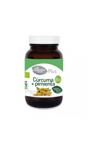 Cúrcuma y pimienta bio - Complemento alimenticio bio Antiinflamatorio - Vidrio ambar - El granero integral - 120 cap - 440 mg